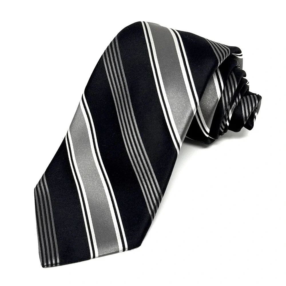 Valentino Repp Striped Silk Tie Black Gray White Tie 3.25